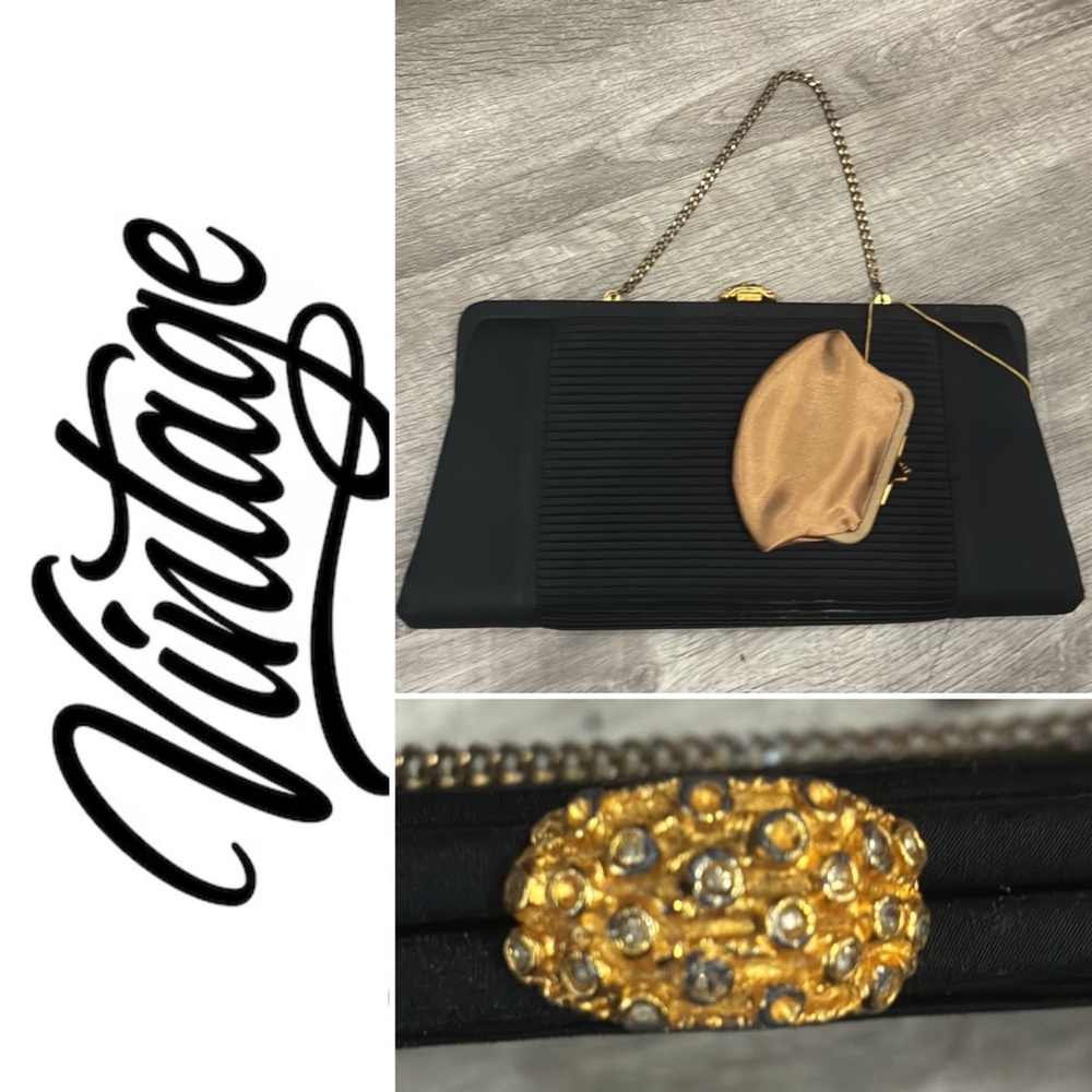 Vintage 1960s Black clutch or handbag with attached coin purse